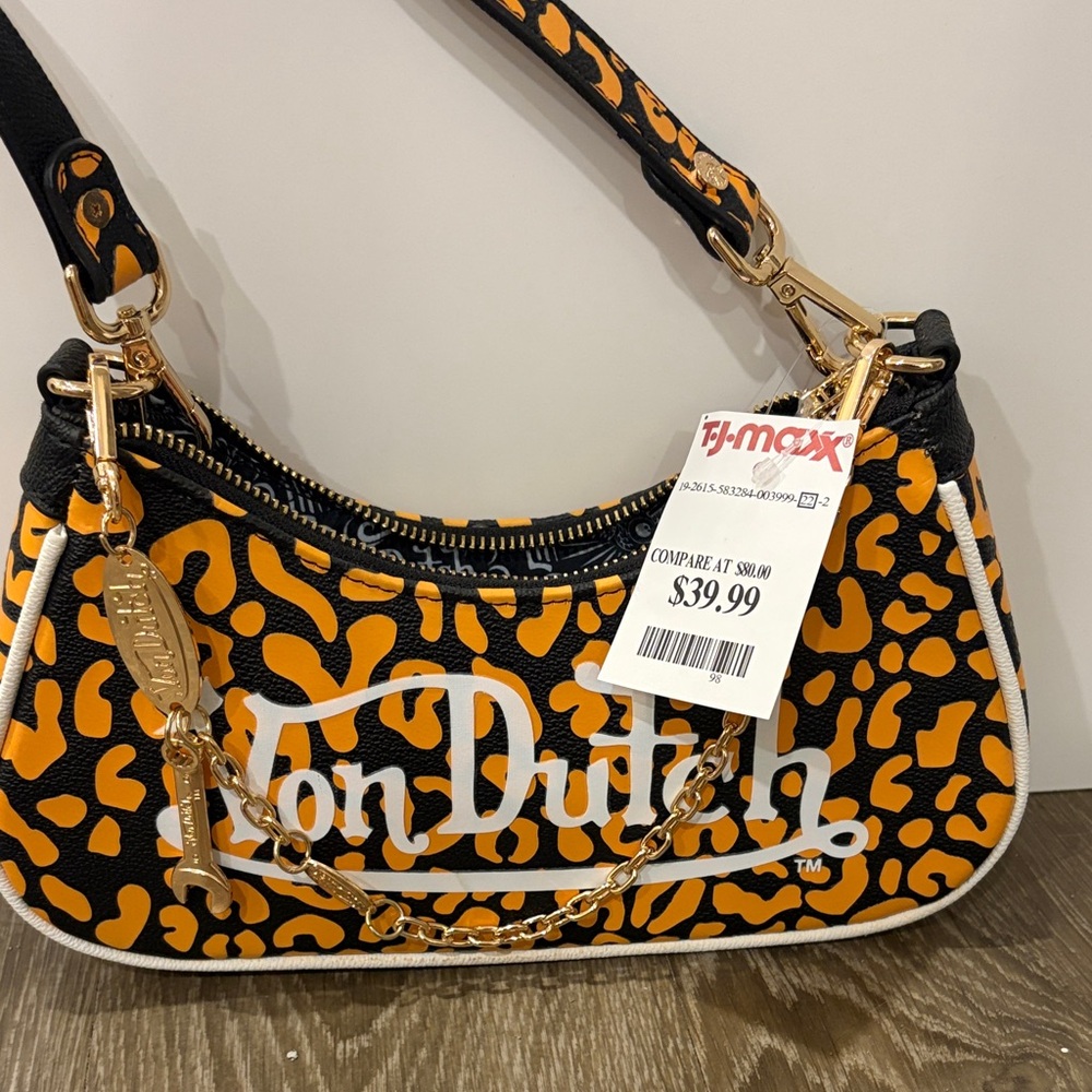 Von Dutch Black, Orange & White Leopard Shoulder Bag - Picture 2 of 5